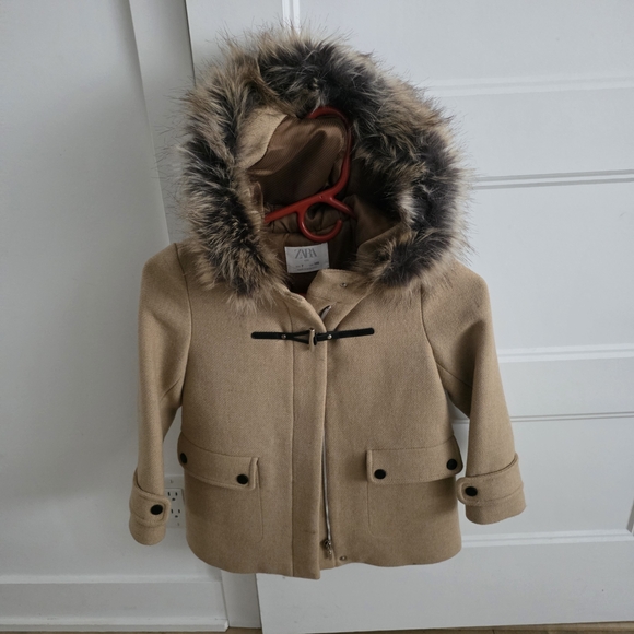 Zara Kids Beige Pea Coat with Faux Fur Hood - Picture 1 of 3